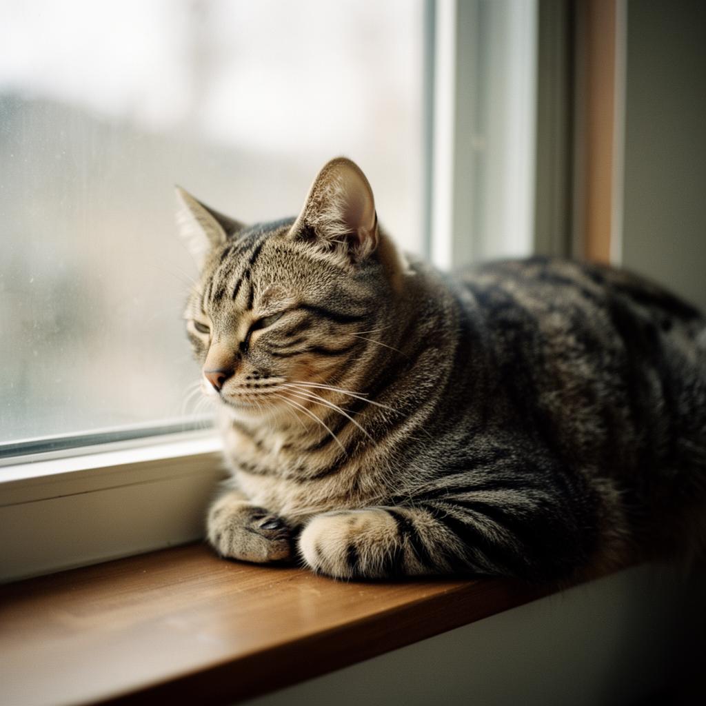 Tabby cat lounging by a sunny window