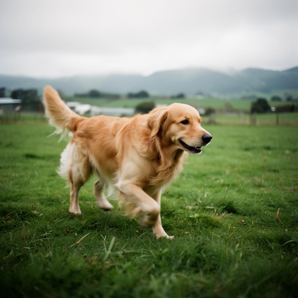 Happy golden retriever running through New Zealand farmland