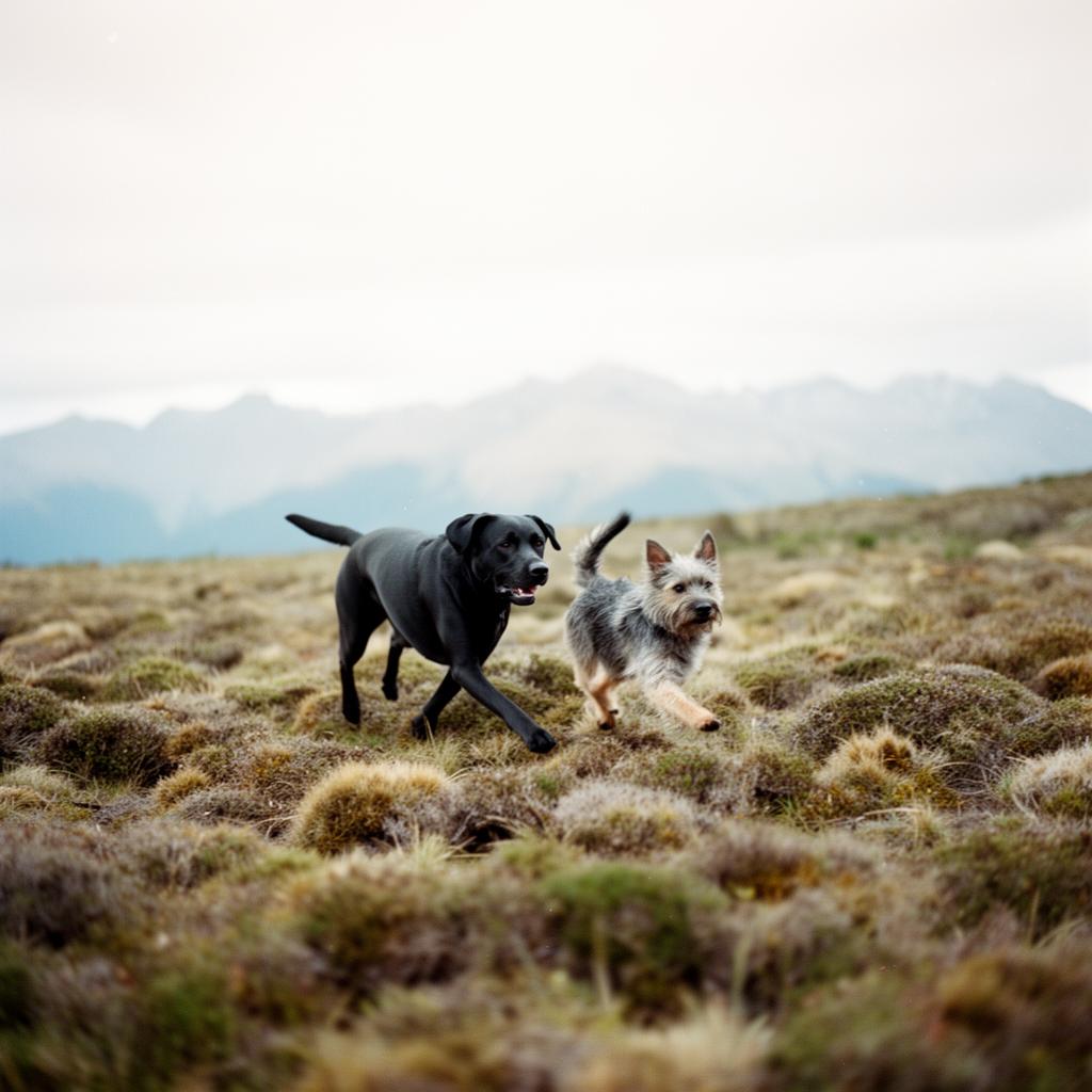 Two dogs playing together in the New Zealand high country