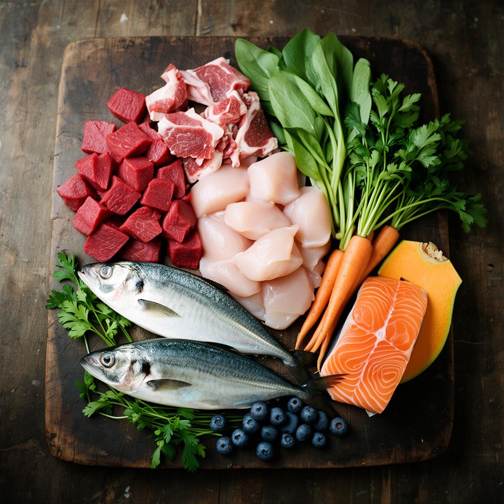 Fresh New Zealand ingredients including red meat, chicken, fish, vegetables and berries on a wooden board