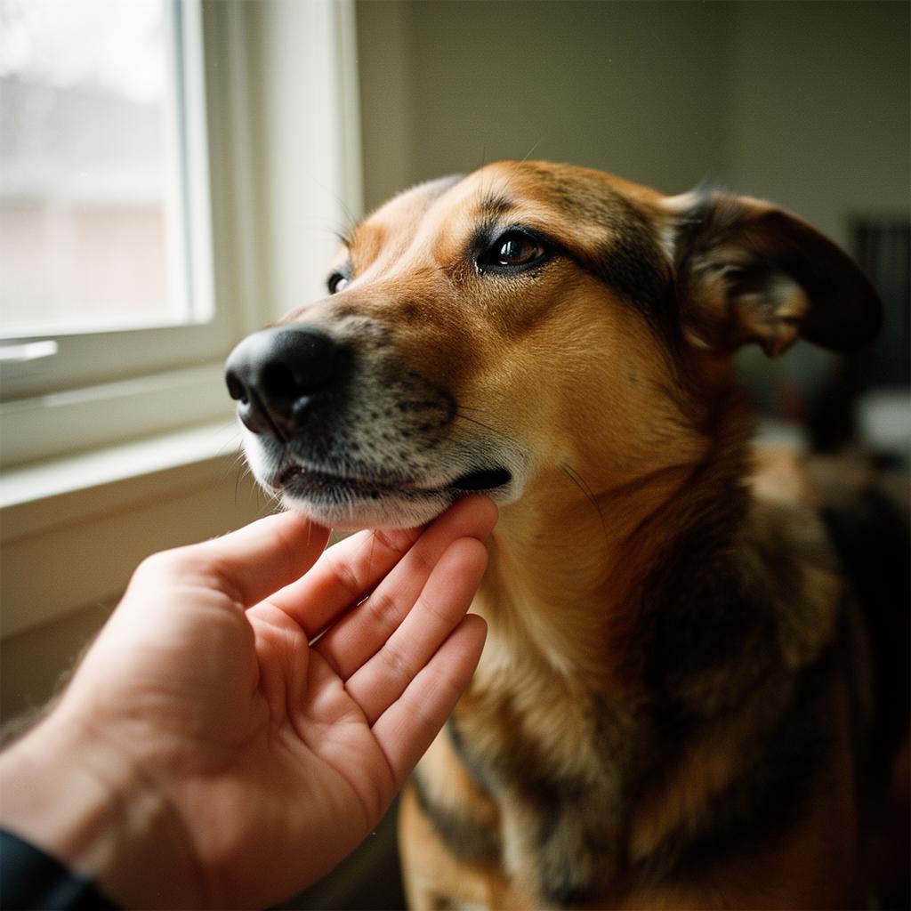 A happy dog being gently patted by their owner